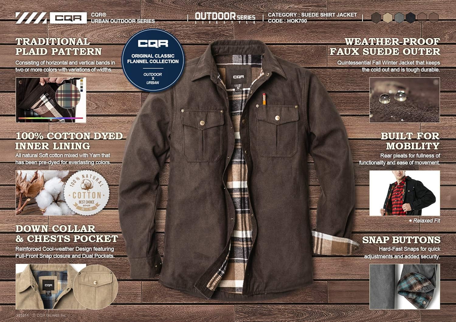 CQR Men's Flannel Lined Shirt Jackets, Long Sleeved Rugged Plaid Cotton Brushed Suede Shirt Jacket : Clothing, Shoes & Jewelry