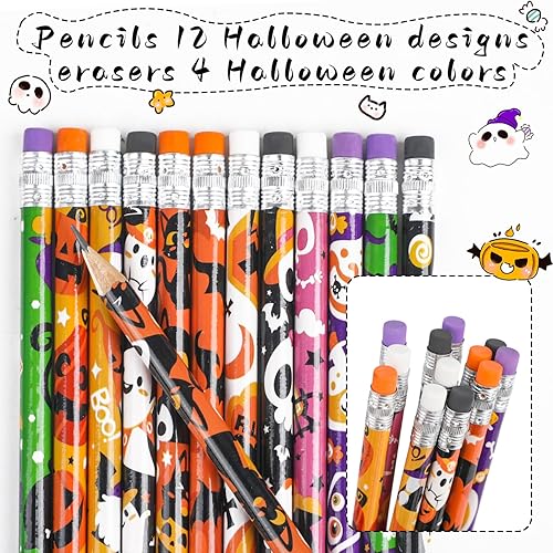 Miniatura 3 de FINGOOO 48 lápices de Halloween para niños, varios lápices de Halloween a granel con borradores en 12 diseños, sin dulces, golosinas de Halloween,