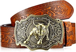 Western Leather Buckle Belts Cowboy Longhorn Bull Buckle Belt Floral Embossed Cowboy Belts for Men, 1.5 Inch Wide