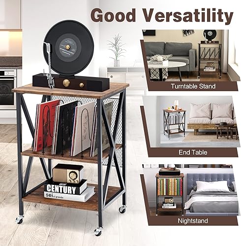 Miniatura 9 de TANGKULA Soporte para tocadiscos soporte de 3 niveles con 3 divisores para álbumes soporte de discos de vinilo rústico para sala de estar oficina en