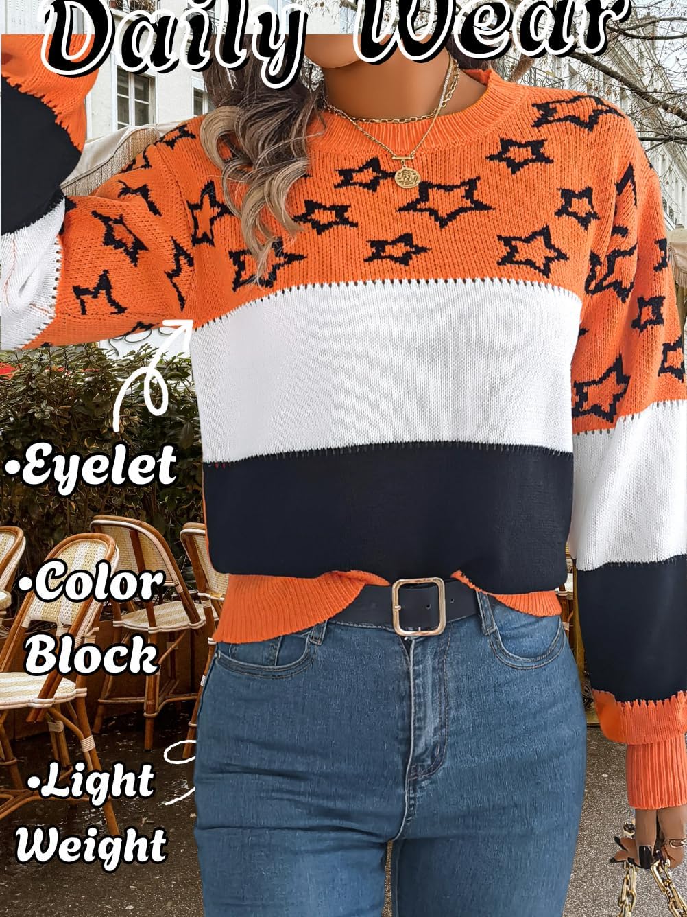 Star Sweater,Color Block Crew Neck Fall Sweaters for Women,Cute Long Sleeve Knit Tops - Image 4