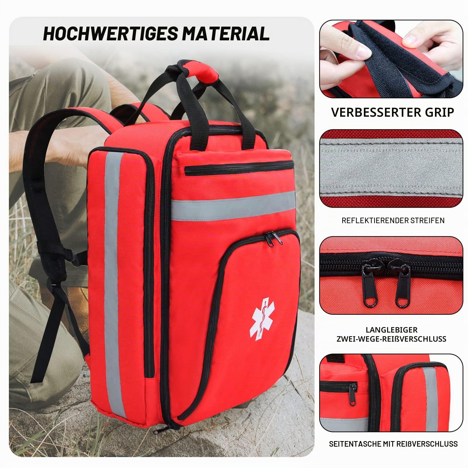 Medizinischer Notfall-Rucksack, Erste-Hilfe-Tasche, leer, Ersthelfer-Traumatasche mit reflektierenden, großen Kapazität, Erste-Hilfe-Rucksack, Tasche (nur Tasche) (rot)
