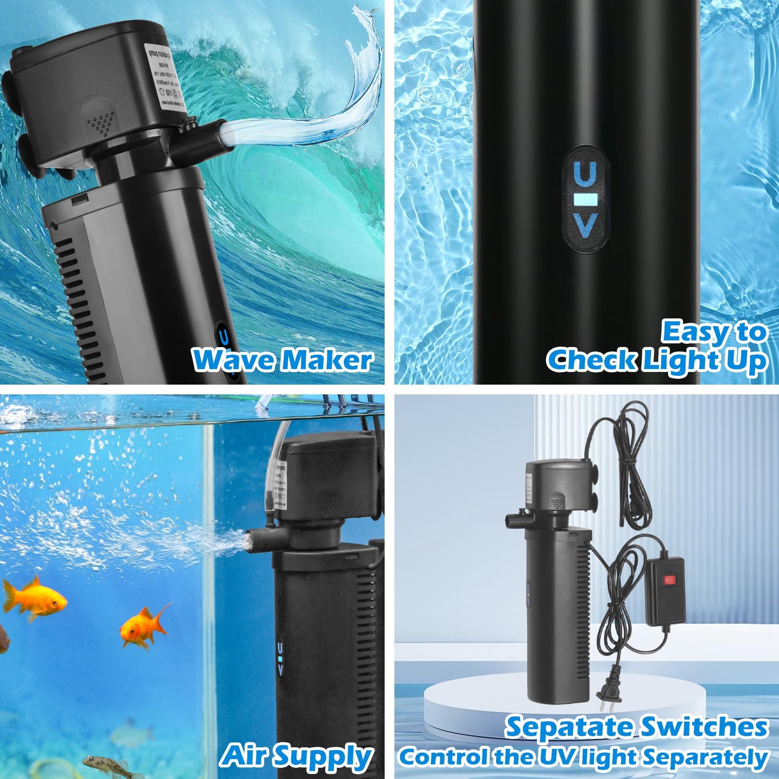 Tararium Aquarium Innenfilter mit U-V-Funktion – Leistungsstarke Tauchpumpe für klares Wasser – Ideal für 300-1200 Liter (80-300 Gallon) – 2300 L/h (600 GPH) – Süßwasser & Meerwasser
