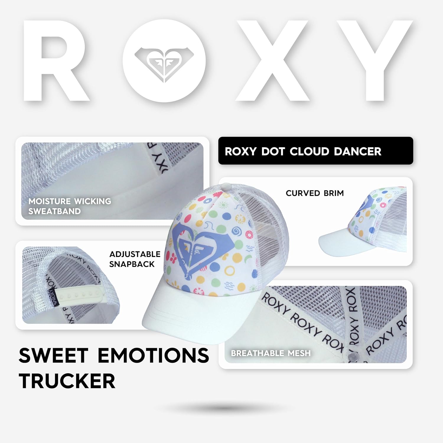 Roxy Girl's Sweet Emotions Trucker Hat – Adjustable Summer Cap with Mesh Back, Lightweight and Breathable
