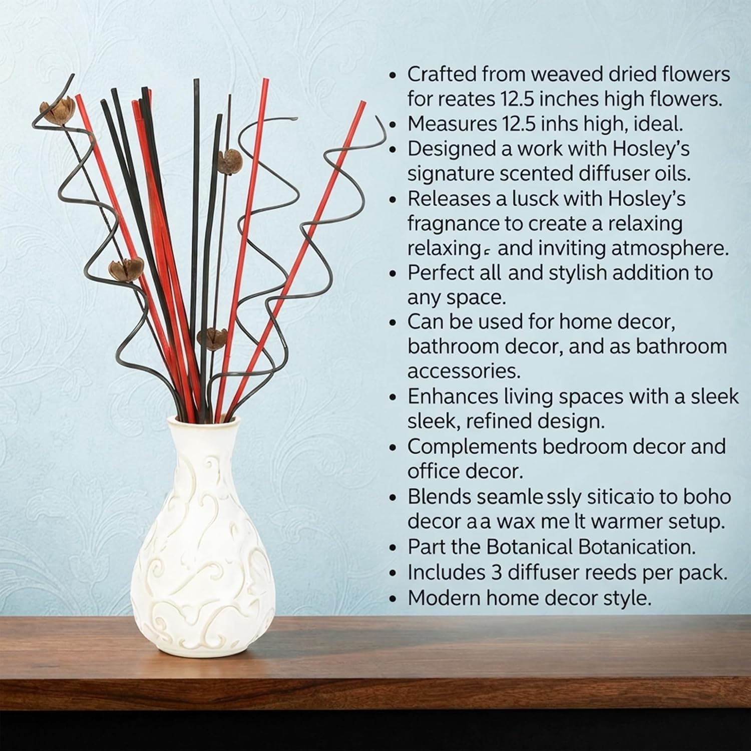 Hosley 12.5" Botanical Diffuser Reeds – Natural Rattan Scent Sticks for Reed Diffusers, Home Fragrance, Farmhouse Decor, Office & Spa Use – Decorative Aromatherapy Refill Sticks
