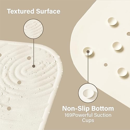 Miniatura 3 de Tapete de goma extra largo para bañera, antideslizante, 39 x 16 pulgadas, tapete para bañera con ventosas y orificios de drenaje, color blanco marfil