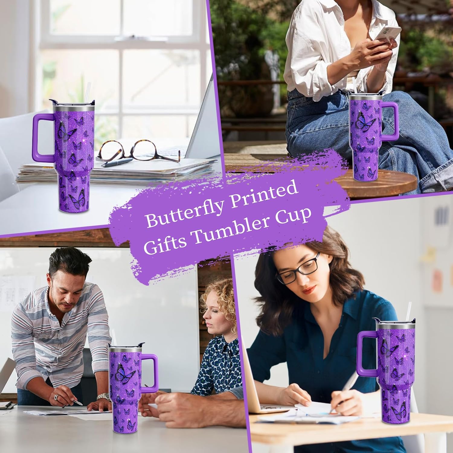 Butterfly Gifts 40 Oz Tumbler with Handle and Straw Lid, Stainless Steel Insulated Cup, Water Bottle Mug for Women Men - Image 7