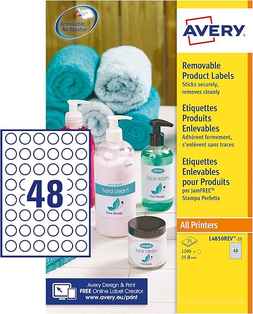 Avery L4850REV Self Adhesive Removable Round Labels, All Printers, 48 Labels Per A4 Sheet, 1200 Labels, White