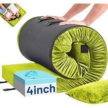 Memory Foam Camping Mattress Pad with Pillow - Extra Thick 4 Inch Sleeping Pad for Camping, Waterproof Roll Up Cot Mattress Topper Bed Mat for Car Truck Tent RV, with Storage Bag