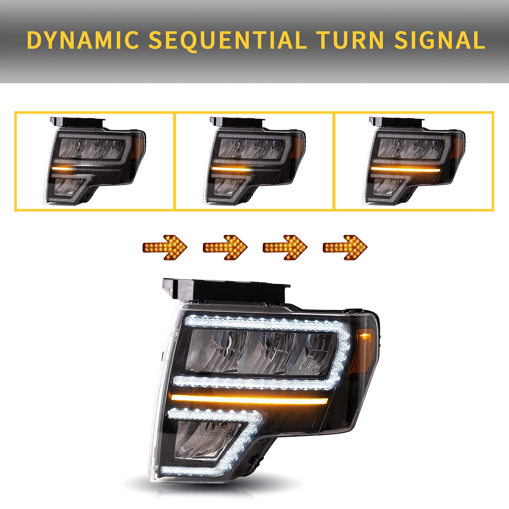 VLAND Reflektory LED z miską odblaskową dla Fo-rd F150 2009-2014 (nie dla F250 F350), przednie lampy z powitaniem / oddychaniem dynamicznym DRL i sekwencyjnym kierunkowskazem