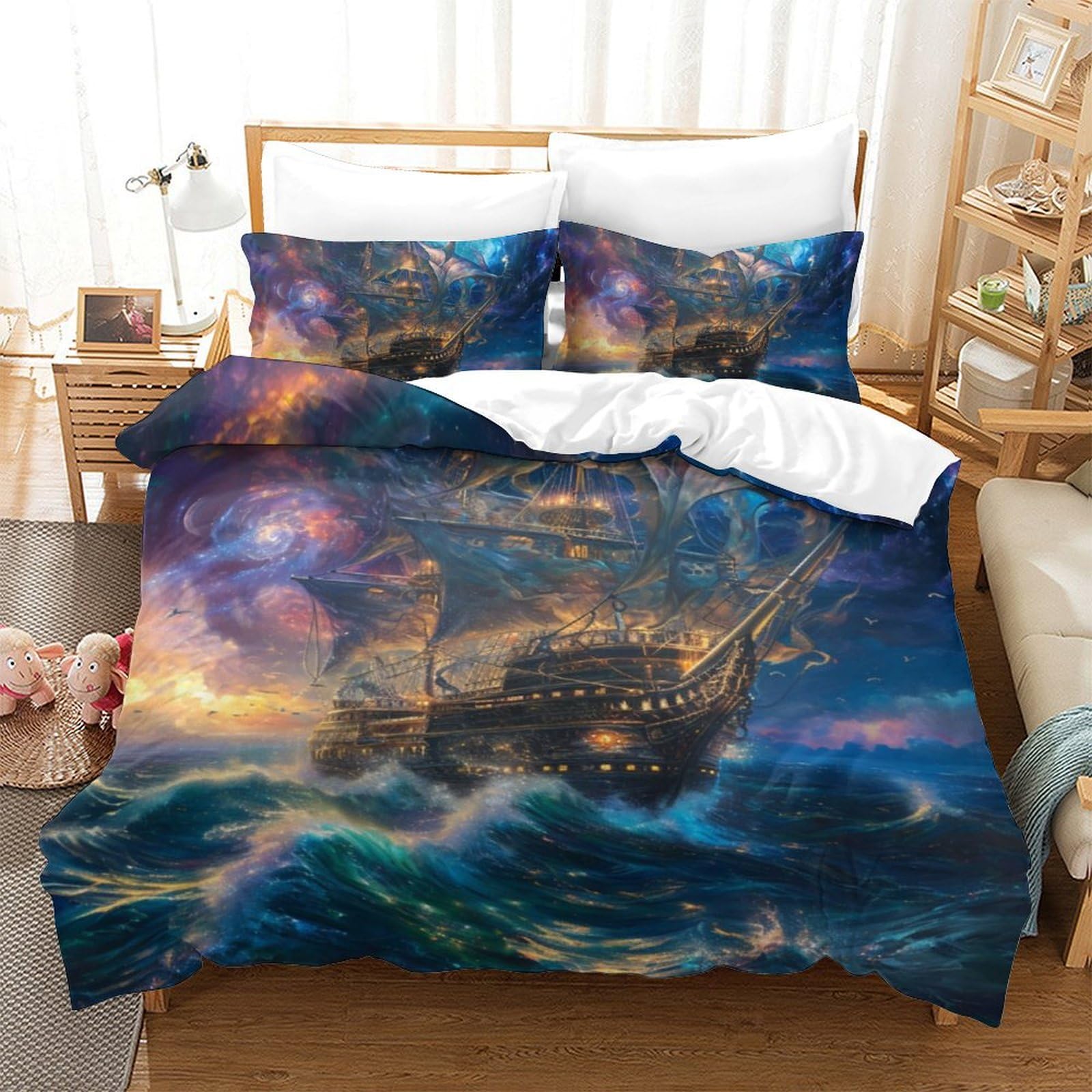 Housse de couette bateaux voile 220x240cm King zippée pour lit adulte 3D