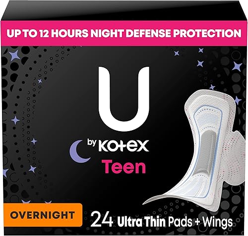 U by Kotex Balance Teen - Almohadillas ultrafinas para la noche con alas, 24 unidades (el embalaje puede variar)