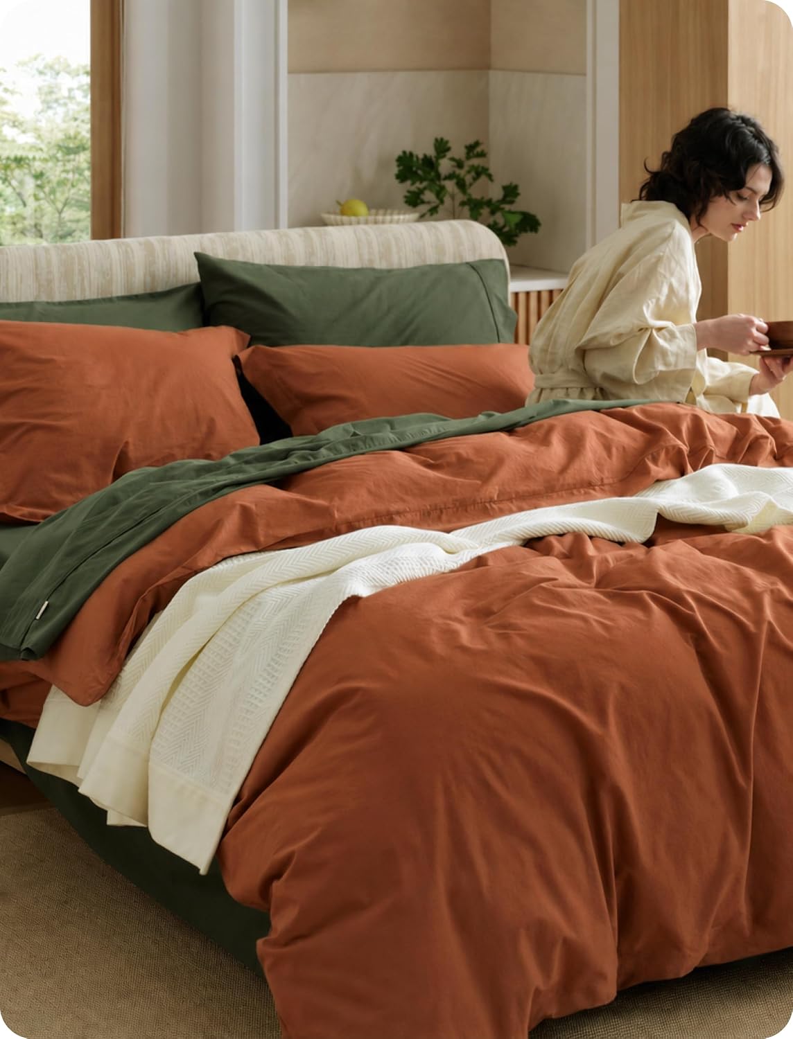  PureWoven 100% Washed Cotton Duvet Cover Set, Queen Size, 3-PC