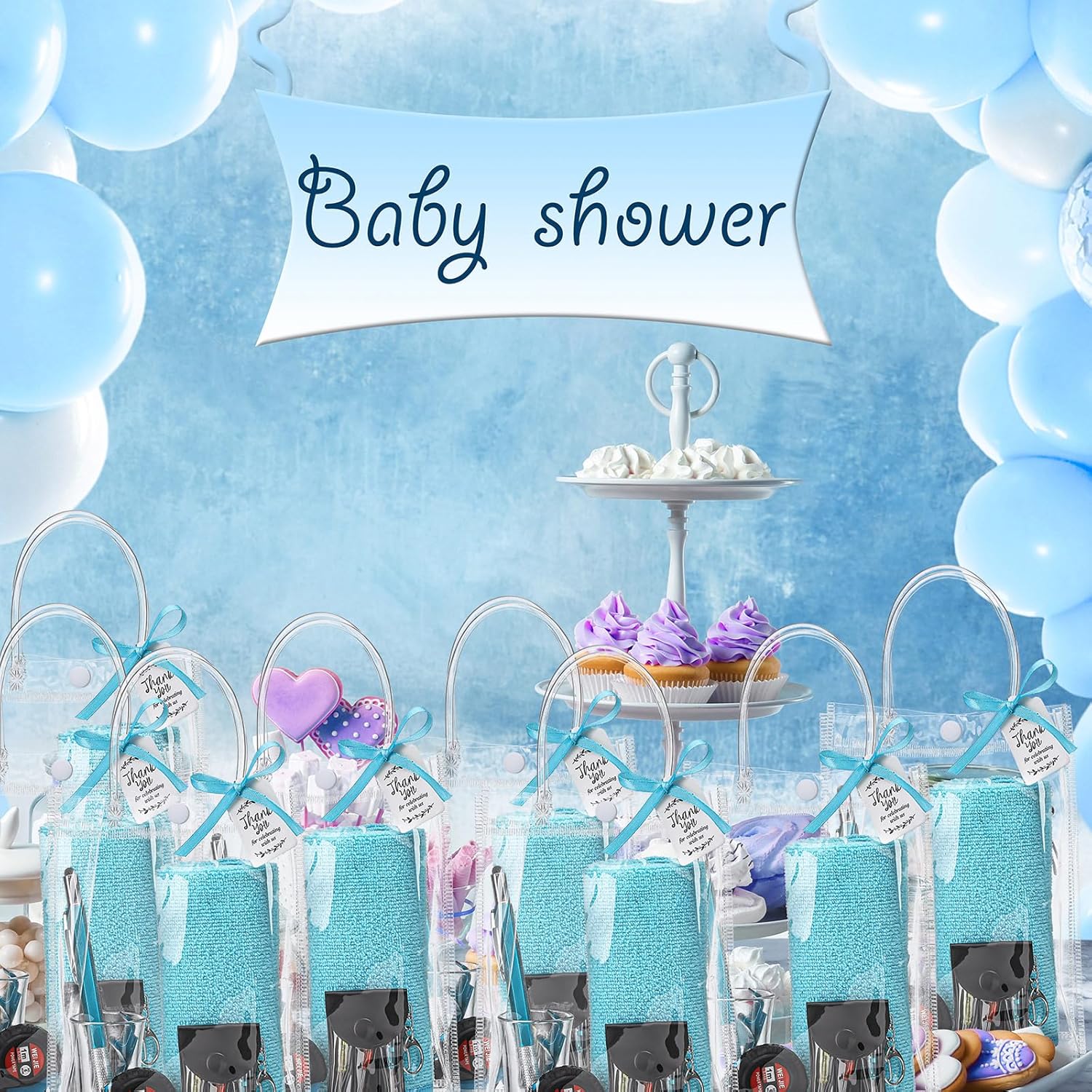 Leinuosen 12 Set/ 96 Pcs Baby Shower Game Prizes for Men with Cleaning Cloth Screwdriver Measuring Tape Bottle Opener Keychain Tool Pen Bags Baby Shower Prizes for Winner Bachelor Party(Blue)