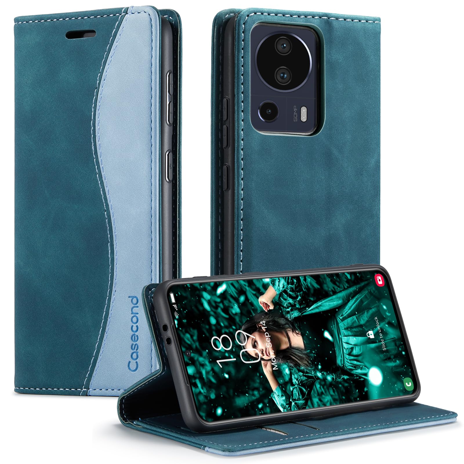 Casecond Funda para Samsung Galaxy A53 5G Cuero Premium Flip Folio Carcasa Case con Tarjetero Fundas Tapa Libro Magnético con Bloqueo RFID Proteccion para Mujeres Hombres - Azul Verde — view 7