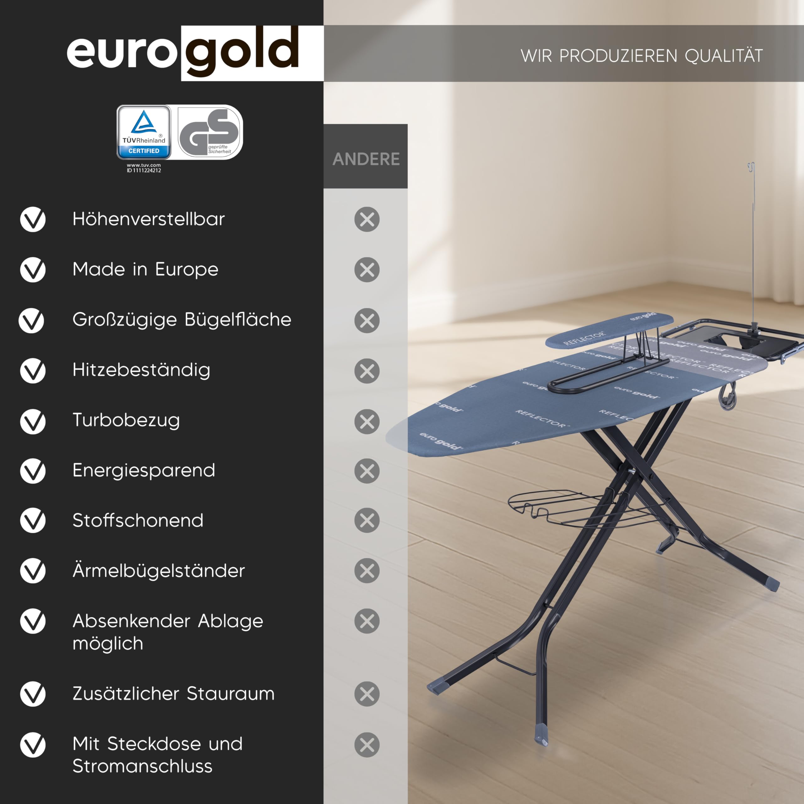 EUROGOLD Bügelbrett für Dampfbügelstation 130x48 cm – Bügelbrett XXL mit Steckdose, höhenverstellbarer Bügeltisch klappbar, mit Ärmelbrett & Bügeleisenablage, Reflektor-Bezug (Sydney Grey)