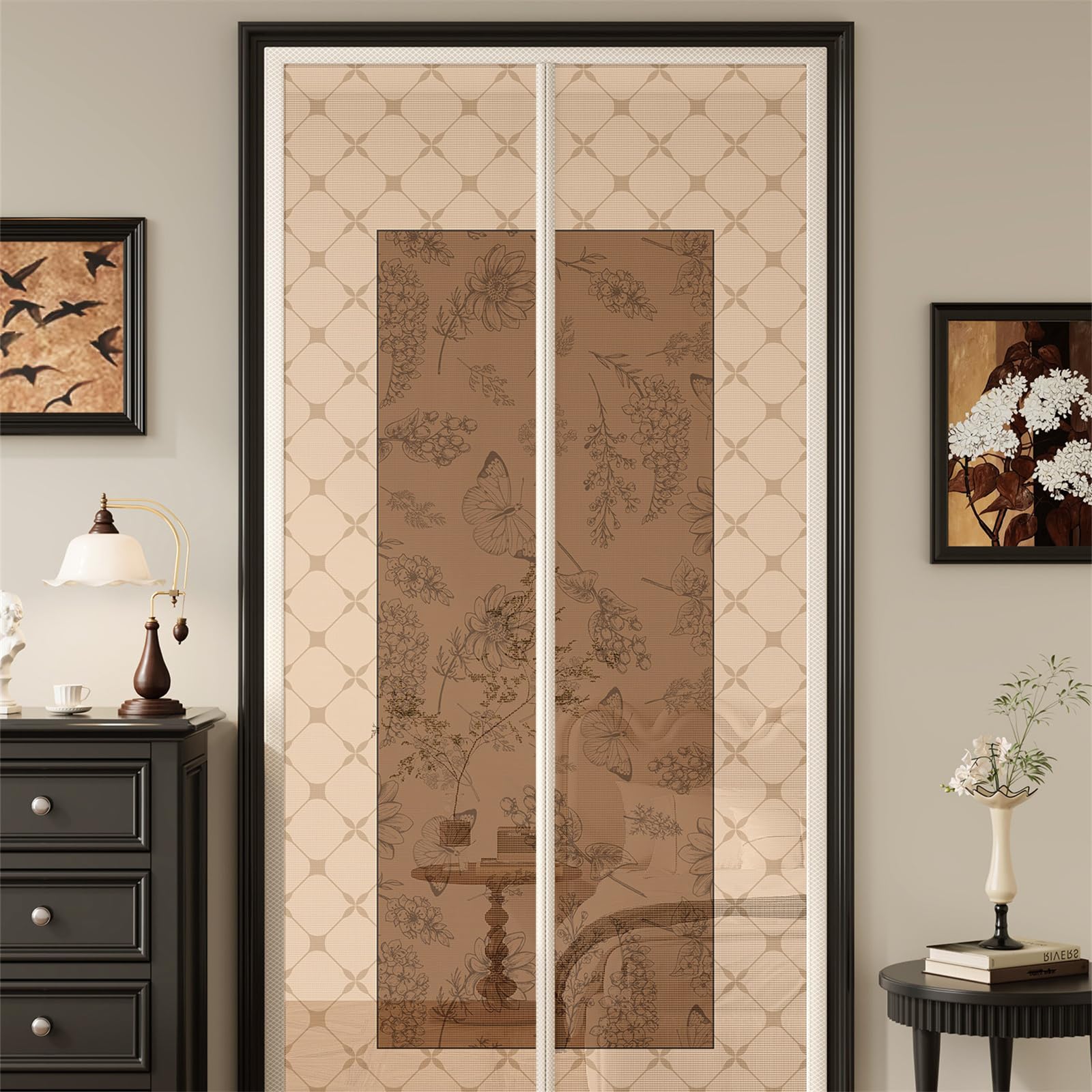 Moustiquaire porte fenetre magnétique design rétro robuste brun