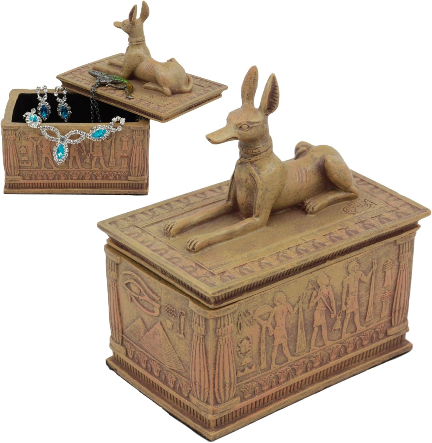 Ebros Small Eye of Horus and Anubis Dog Egyptian Jewelry Box in Sandstone Finish 4.5" Tall As Prince of Egypt Gods and Goddesses Ancient Legendary Deities Lord of Mummification Death and Afterlife