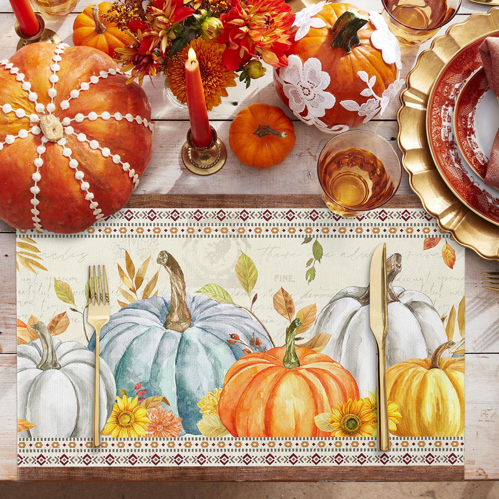 Amazon｜感謝祭 パンプキン プレースマット 6枚セット 洗えるテーブル