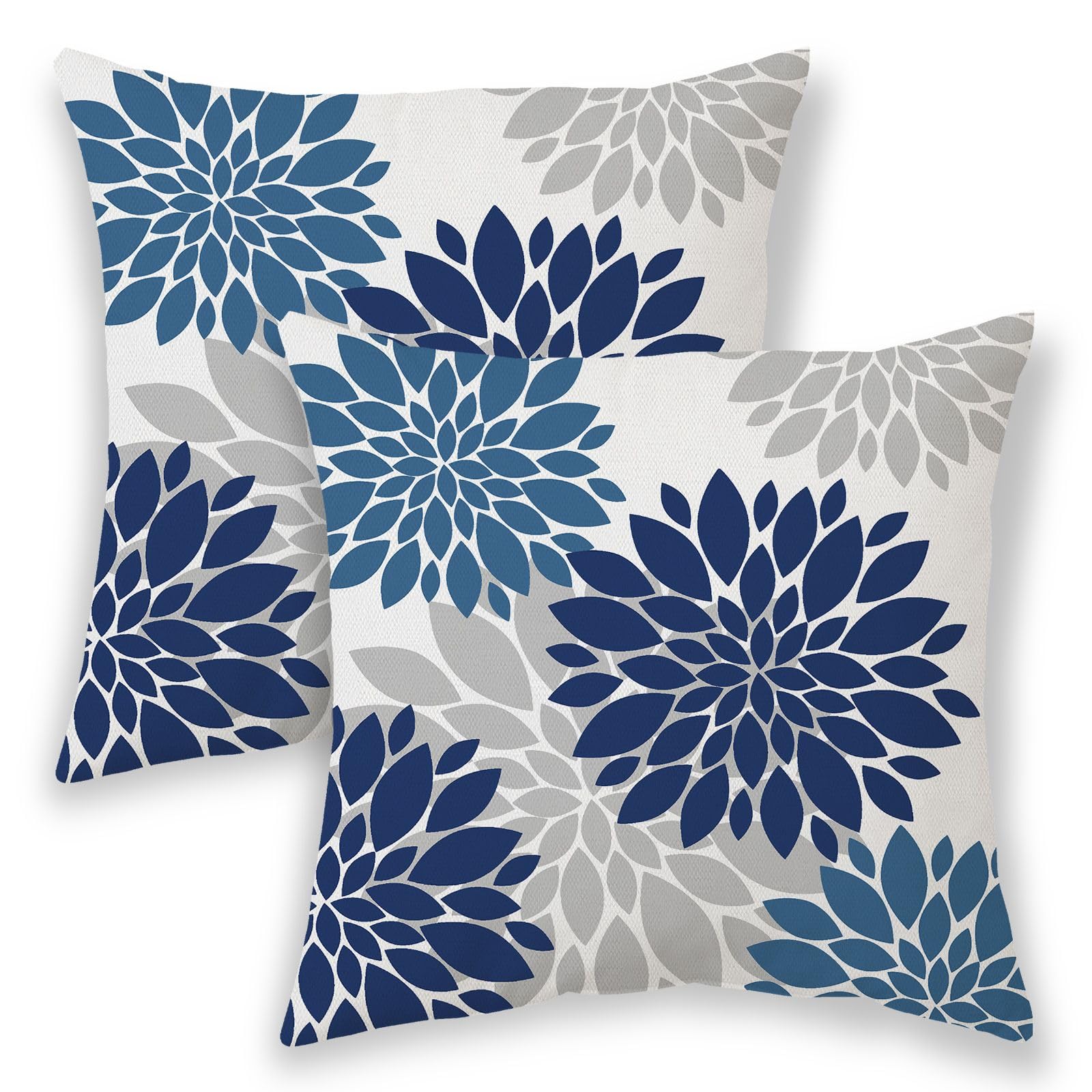 Navy Blue Summer Outdoor Pillow Covers 20x20 Inch 2 Pcs, Dusty Blue Grey Geometric Elegant Dahlia Floral Decorative Throw Pillows, Seasonal Flower Decor Pillowcase Linen Cushion Cover for Couch
