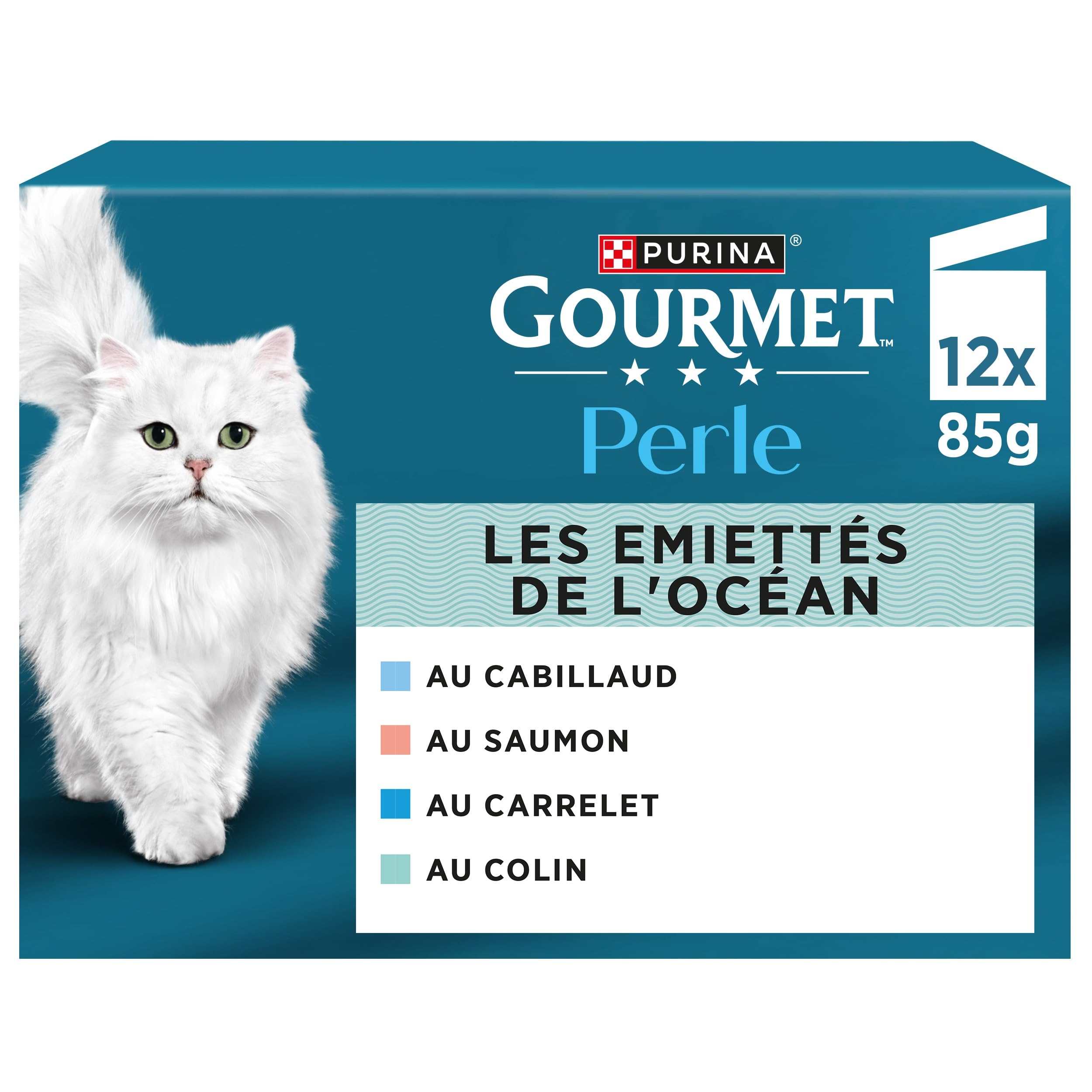 GOURMET | Perle | Les Emiettés de l'Océan | Aliment Humide Complet pour Chat Adulte| Au Poisson certifié de l'écolabel MSC : Saumon, Colin, Carrelet, Cabillaud | Sachets Fraîcheur | 12 x 85g