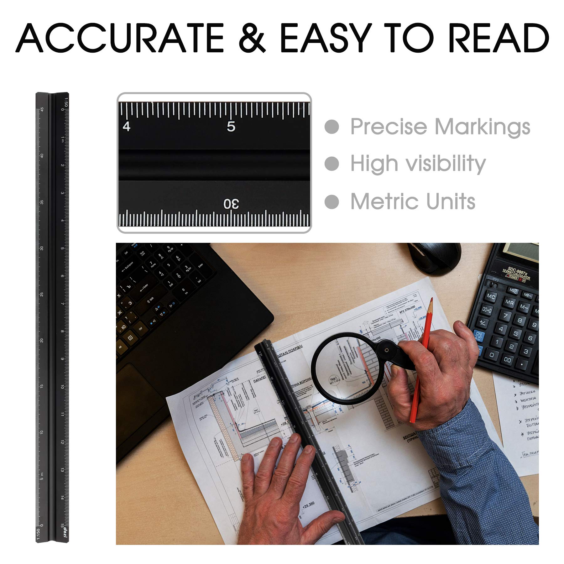 HIHUHEN Metal Scale Ruler for Architects & Engineers, Matrix 30cm Black ...