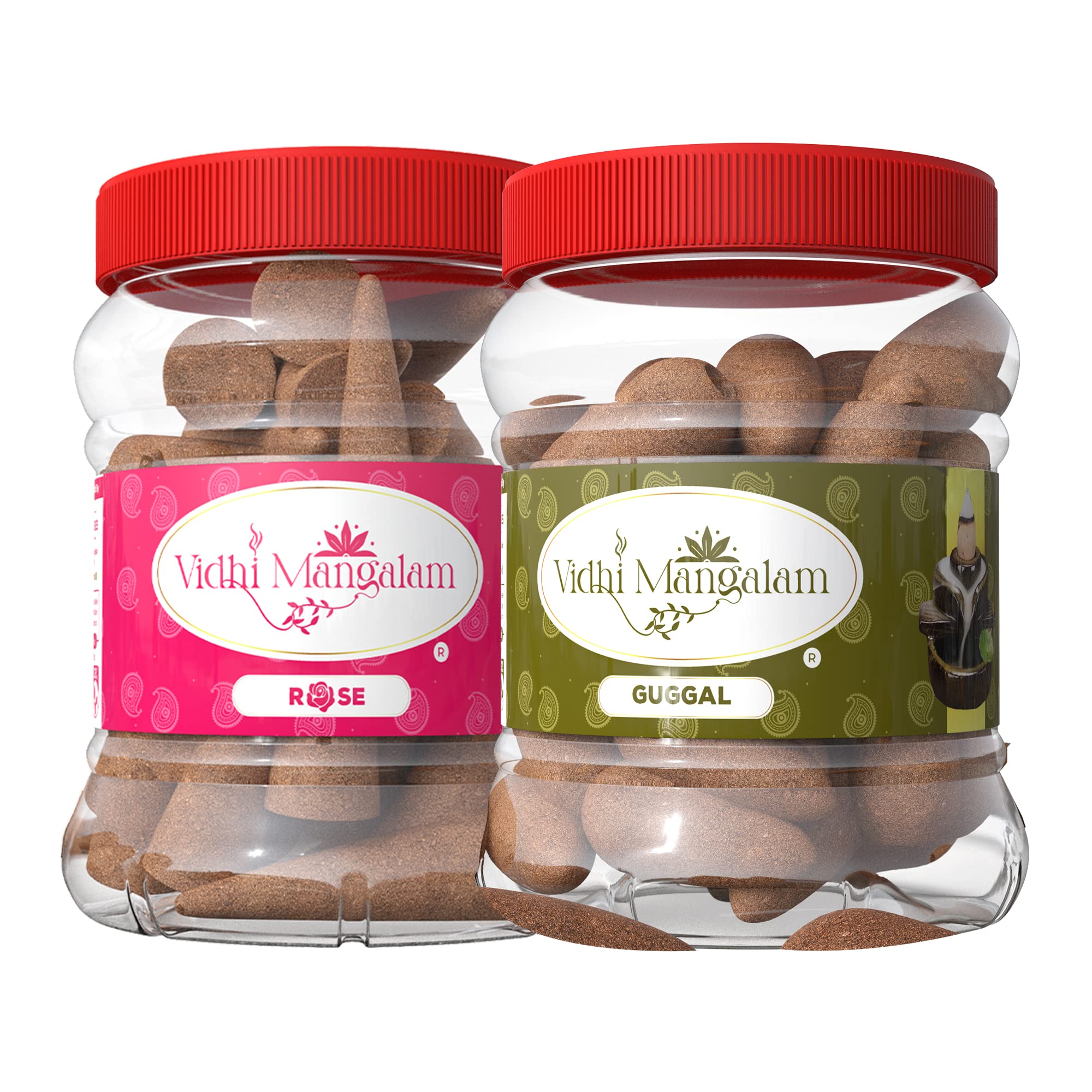 Vidhi Mangalam Dhoop Cones & Backflow Cones for Pooja - Dry Incense, dhup batti, puja Items, Pack of 2 Boxes, 1 Box of Rose Incense Cones, & 1 Box of Guggal Backflow Cones, 40 Cone & 50 Cones