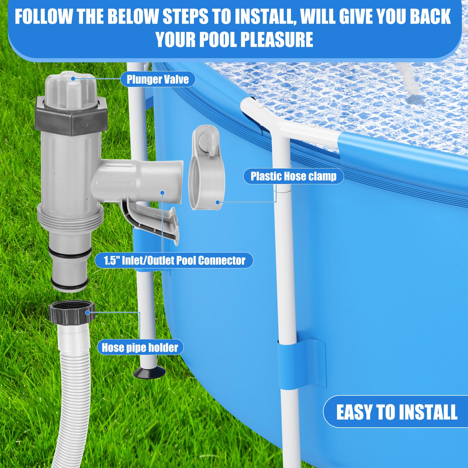 Frienda Pool Hose Adapter for Above Ground Swimming Pool with 1.5" Diameter Pool Pump Hose Pool Replacement Parts with Plunger Valve and Pool Pipe Holder for Filter Pump Accessories(White, 2 Set)