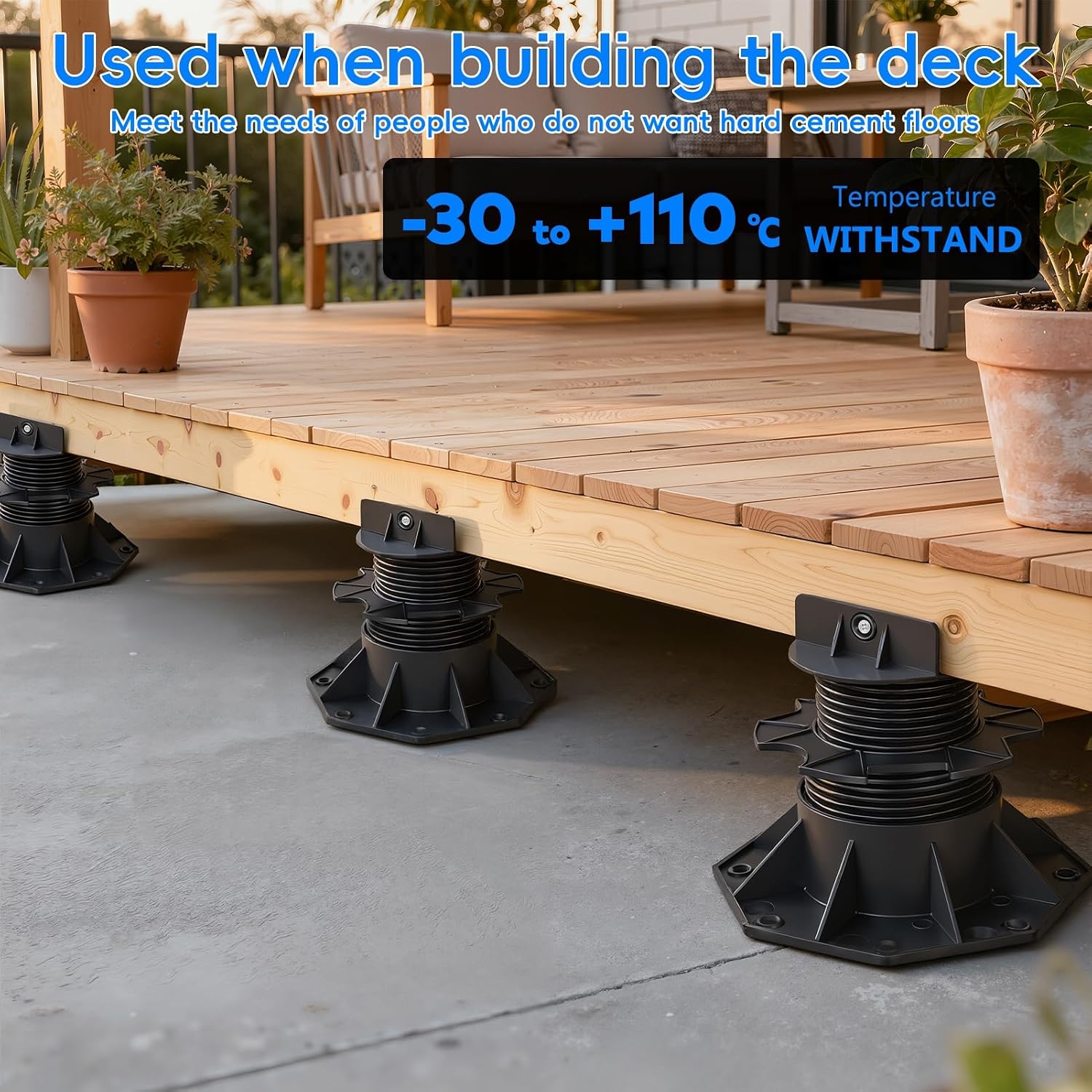 Adjustable Deck Support Base Heavy Duty High Load-Bearing Composite PP Pedestal for Joists Leveling with Mounting Screws for Patio Walkway Shed Outdoor Flooring Black