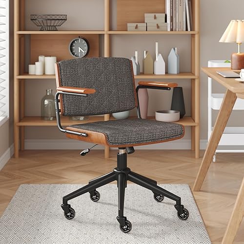 Vista 9 de Silla de oficina ergonómica con ruedas de goma y brazos de nogal, silla de escritorio de piel sintética, altura ajustable, respaldo de madera Negro