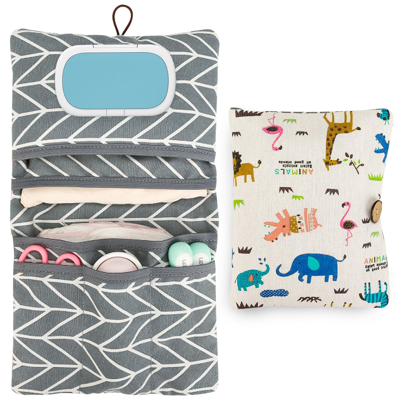 Bolsa De Pañales 2 En 1 Organizador Pañales Portátil y Bolsa de Cosméticos, Porta Toallitas, Cambiador Plegable para Viajes Organizador para Bebés Reutilizable (Mundo Animal)