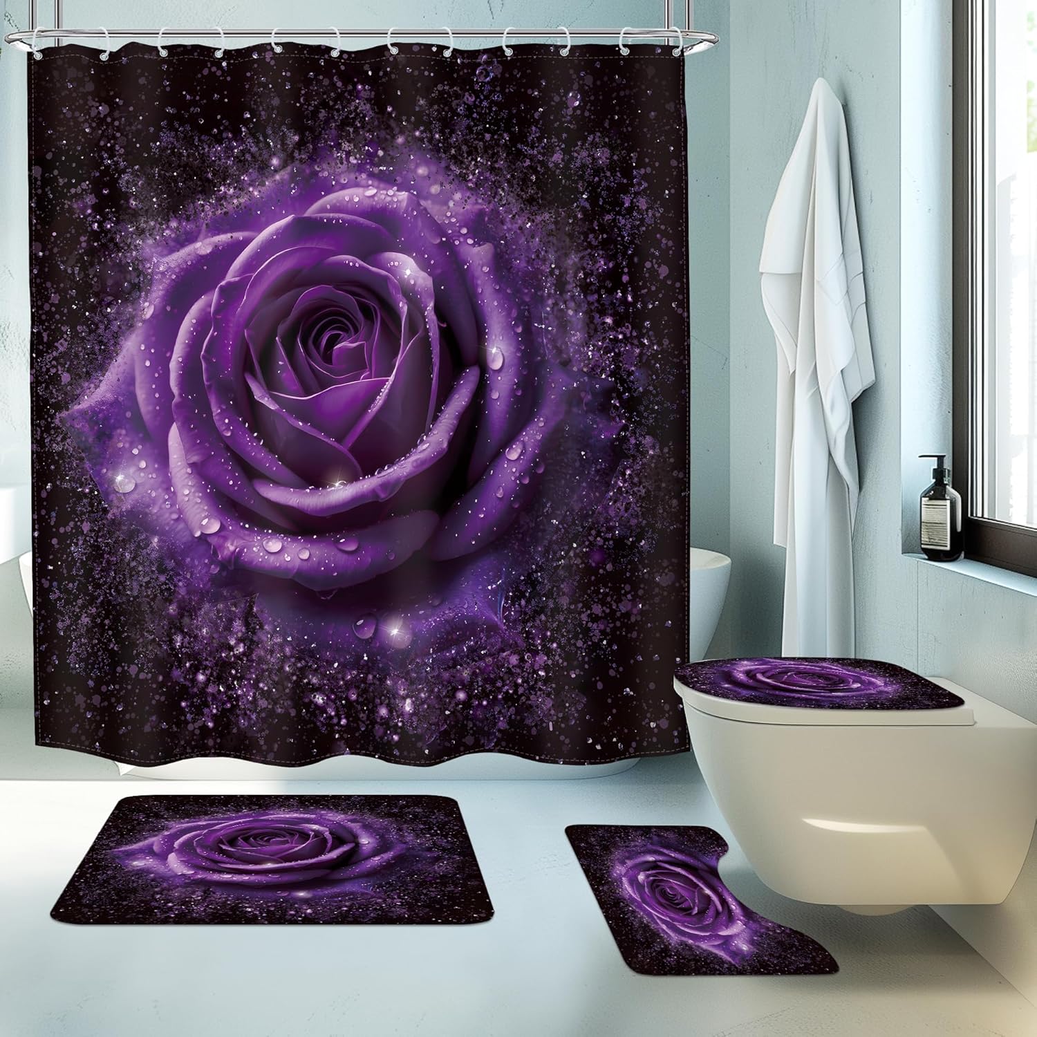 MESHELLY Purple Rose 4Pcs Shower Curtain Sets Blooming Flowers Floral Romantic Modern Women Bathroom Set with Rug, Toilet Lid Cover, Bath Mat, Fashion Bathroom Curtain with 12 Hooks
