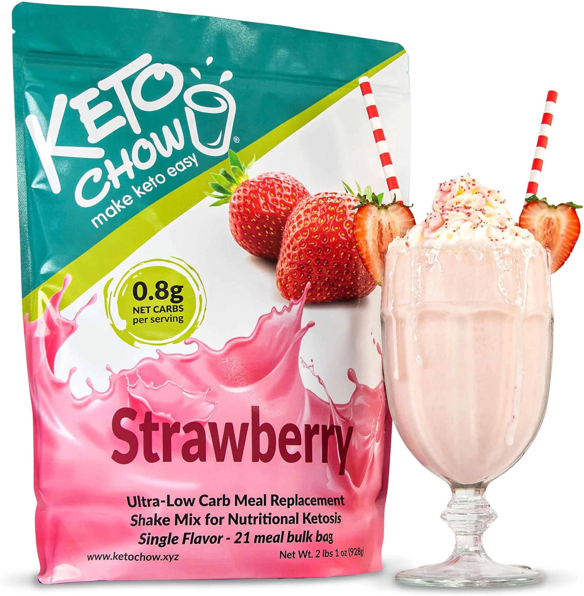 Keto ChowStrawberry | Keto Meal Replacement Shake | Nutritionally Complete | Low Carb | Delicious Easy Meal Substitute | You Choose The Fat | 21 Meal Bulk Pack