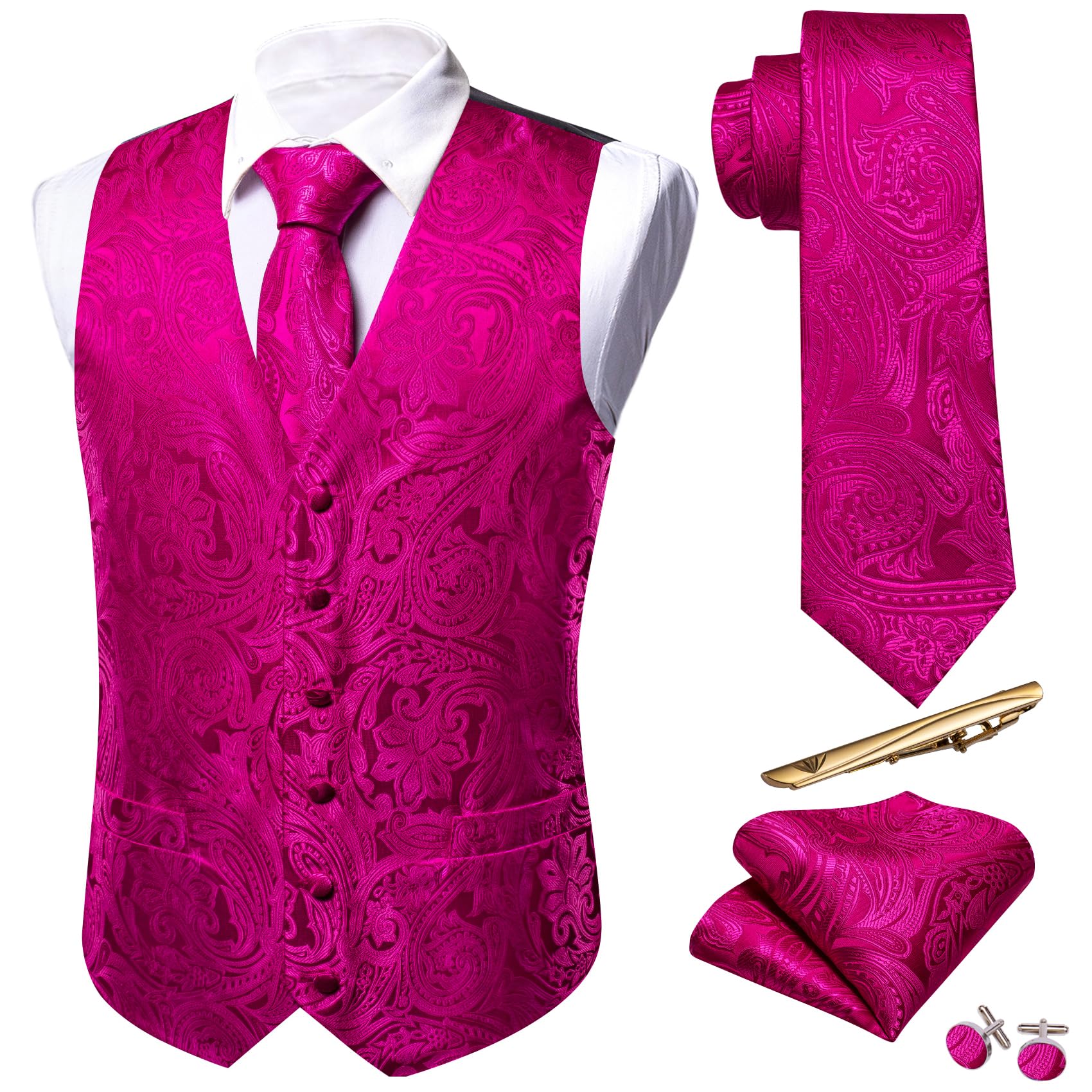 Barry.Wang Men's Suit Vest Formal/Leisure Paisley Jacquard Silk Tie Pocket Square Waistcoat Set Wedding 5PCS