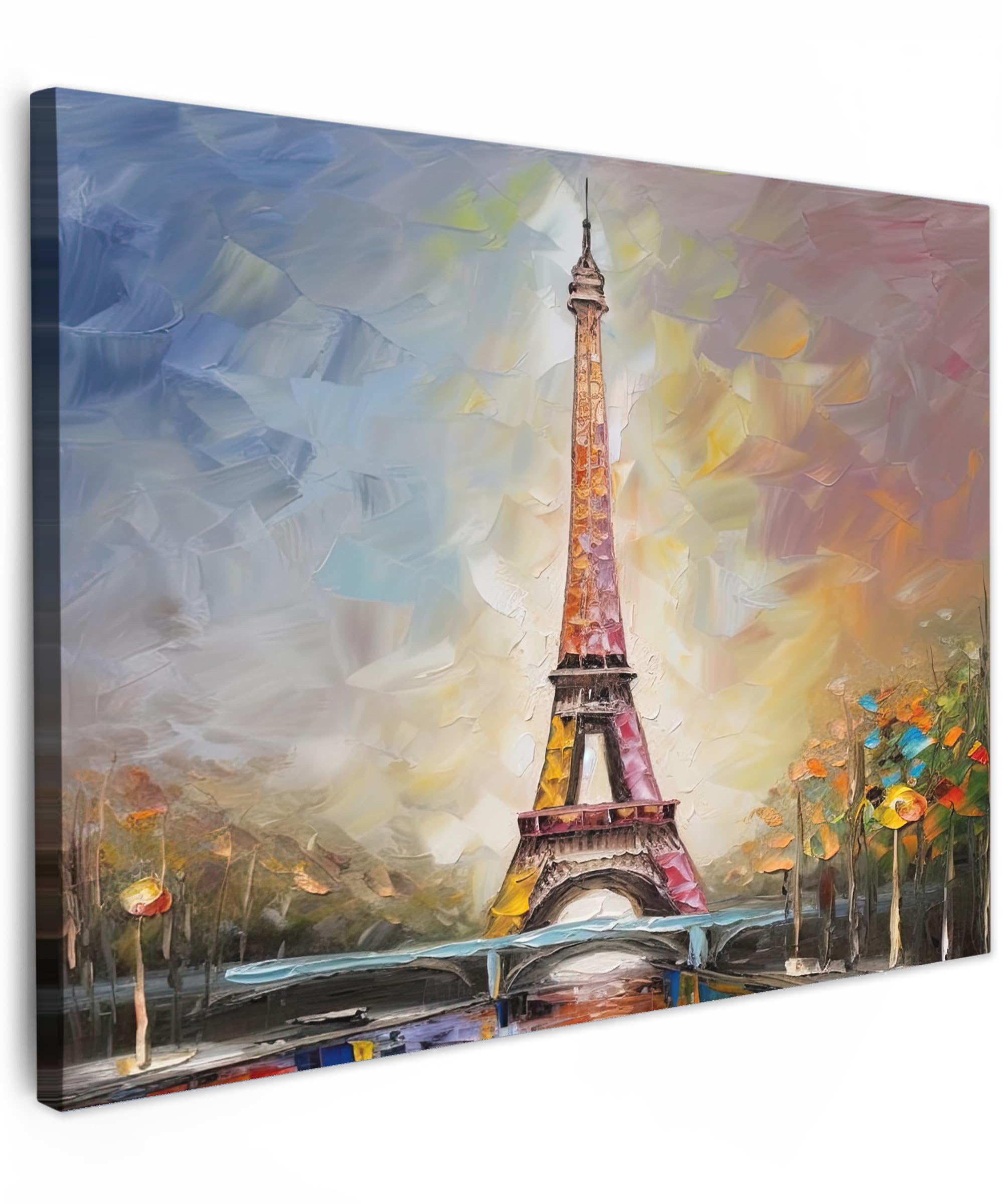 MuchoWow© Wandbilder 40x30 cm Schlafzimmer Home Deko Wohnung Bild Wohnzimmer Fotoleinwand Wand Bilder Leinwand Wall Decor Kunstdruck - Bunt - Eiffelturm - Gemälde - Öl - Paris