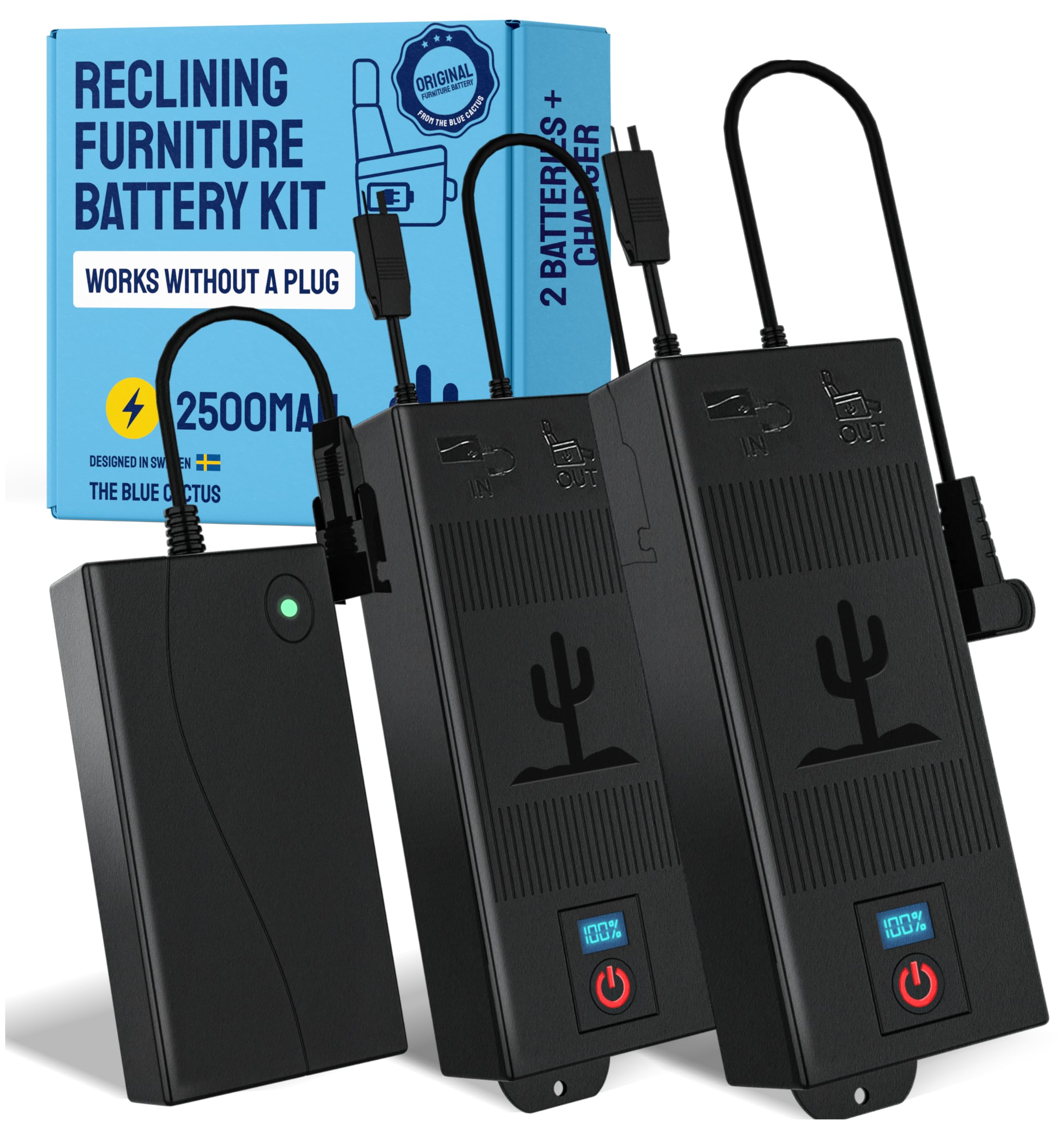 Two Universal Battery Packs for Reclining Furniture with LCD Display - Wireless 2500mAh Rechargeable Battery Packs with One Charger and Power Cord Combo