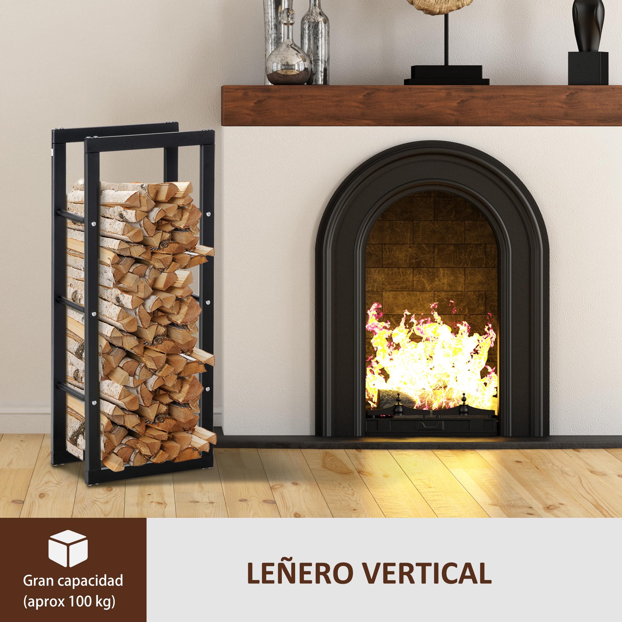 HOMCOM Soporte para Leña Estante de Leña Metálico Leñero de Exterior de Metal para Interior y Exterior Carga 100 kg 40x25x100 cm Negro
