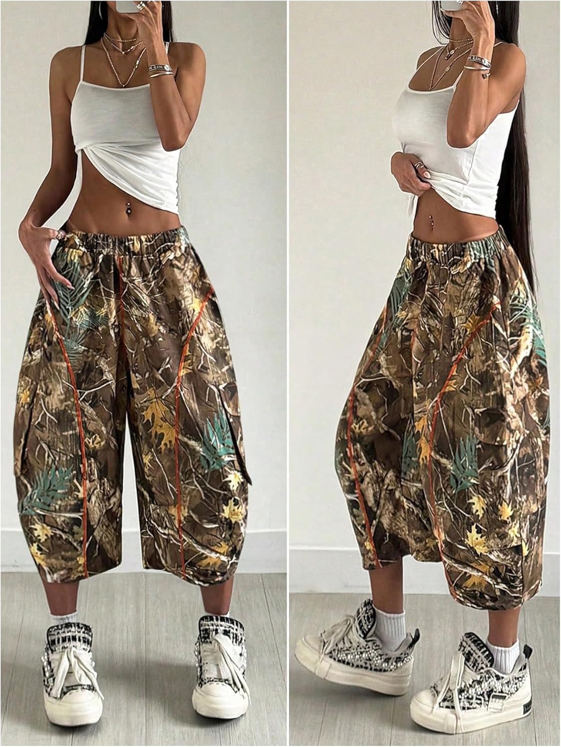 WDIRARA Women's Camo Baggy Cargo Pants Streetwear Capris Sweatpants with Flap Pocket - Image 4