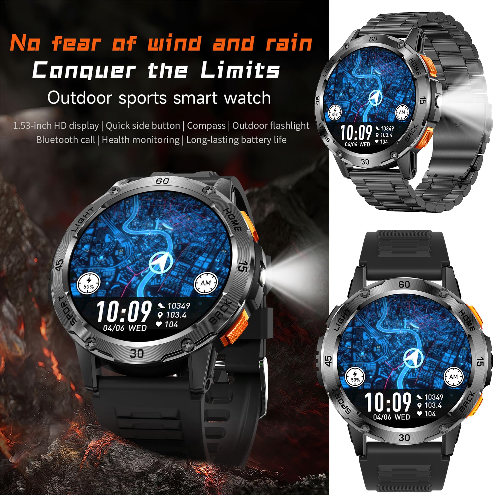 Reloj inteligente para hombre con llamadas Bluetooth, linterna, batería grande de 400mAh, 1,53" AMOLED 5ATM, reloj de fitness con SpO2, medición de presión arterial, frecuencia cardíaca, podómetro