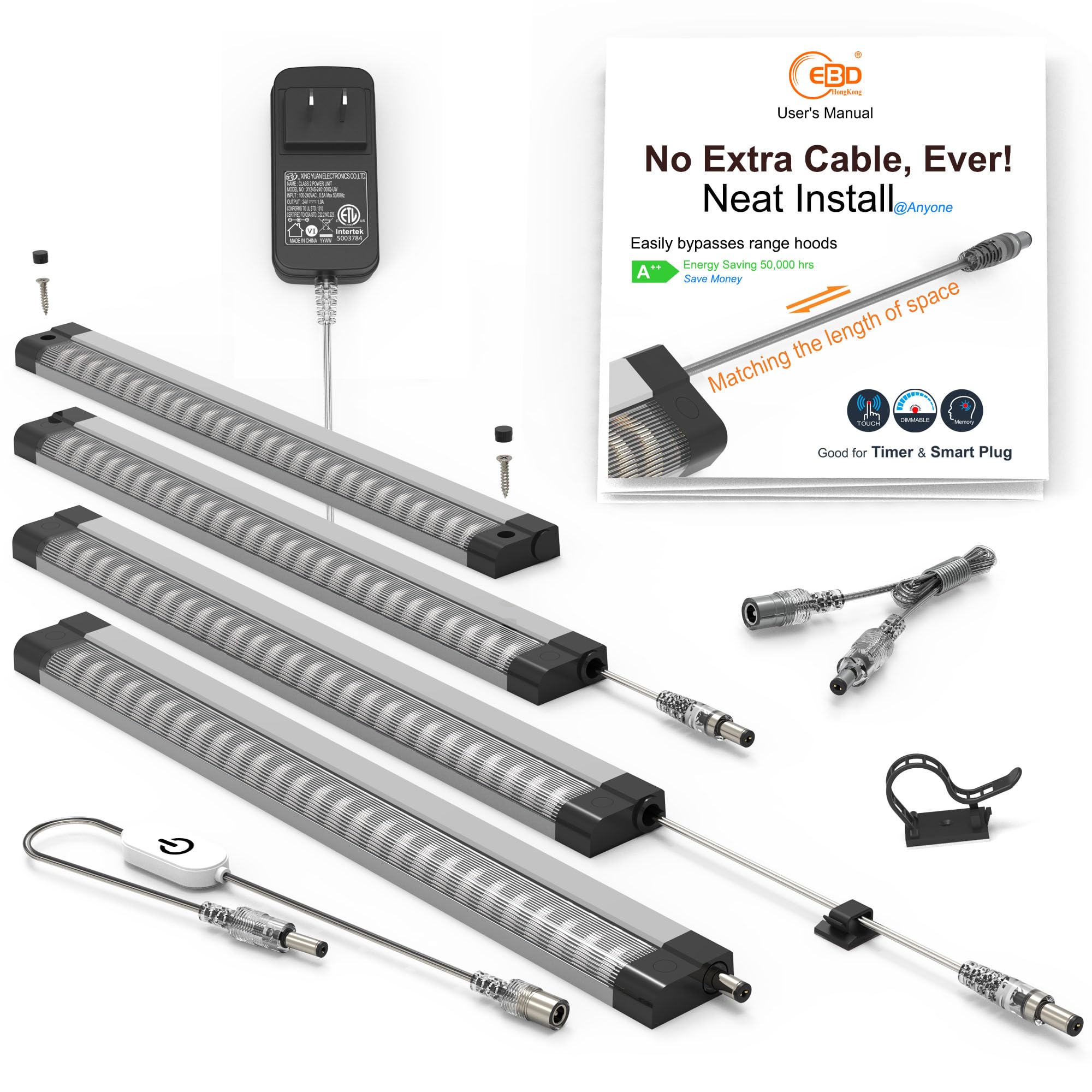 LED Under Counter Lights for Kitchen Touch Under Cabinet Lighting Built-in Adjustable Cable No MESSY Wires! 4 Pcs Cabinet light 3000K 1800Lm Super Bright Good for Garage Pantry Closet Timer Smart Plug