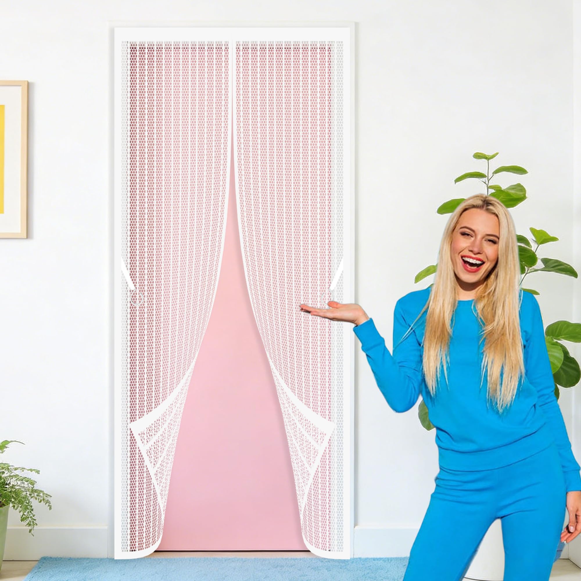 Magnetic Screen Fly Doors 94 x 266 cm Full Frame Magic Tape Magnetic Door Curtains Fly Screen Keeps Flies Mosquitoes Out for Living Room, Bedroom, Patio, White