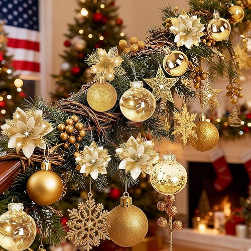 Miniatura 7 de Juego de 76 piezas de decoración para árbol de Navidad, adornos dorados surtidos con grandes bolas de plástico inastillables, adorno de árbol de
