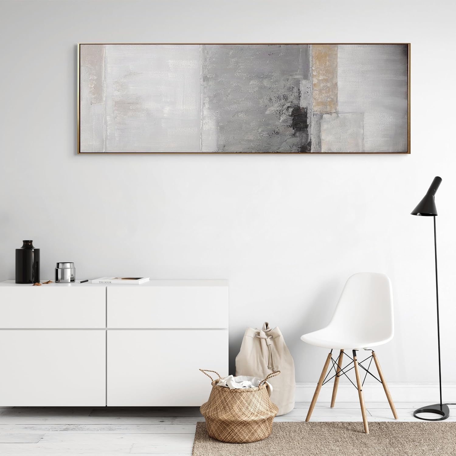 Modern Abstract Art Grey White Wall Art for Living Room, Office, Bedroom Minimalist Painting with Gold Frame Large Wall Decor Textured Artwork Canvas Print 48×16 inch Ready to Hang
