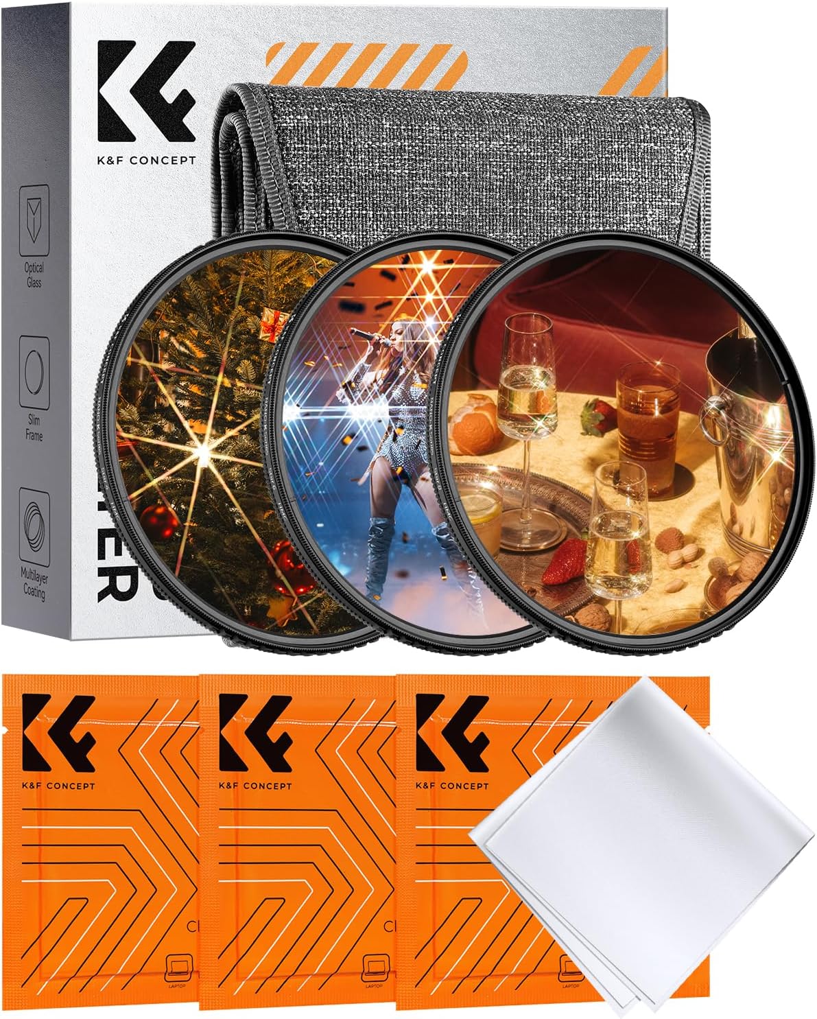 K&F Concept 77mm Star Filters Kit (3 PCS) 4 Points 6 Points 8 Points Cross Screen Starburst Filters Set -18 Layer Coating Ultra Slim Optical Glass Camera Lens Filter with 3 Cleaning Cloth