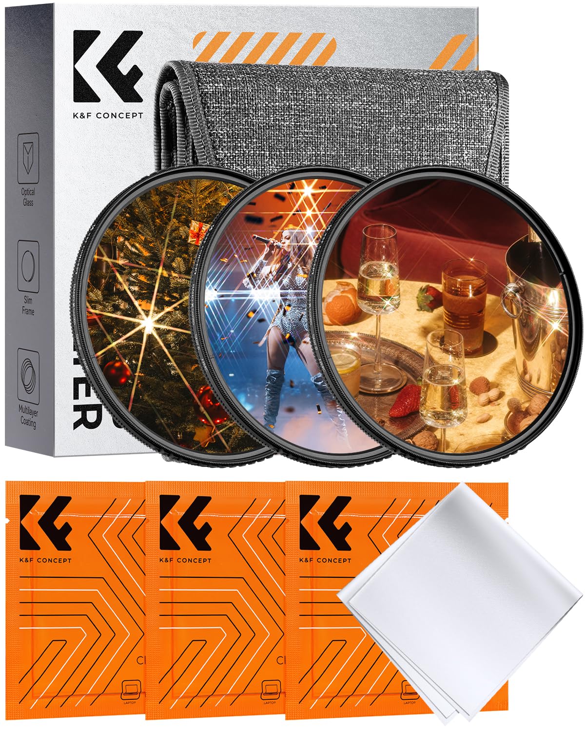 K&F CONCEPT 67mm Star Filters Kit (3pcs) 4 Points 6 Points 8 Points Cross Screen Starburst Filters Set -18 Layer Coating Ultra Slim Optical Glass