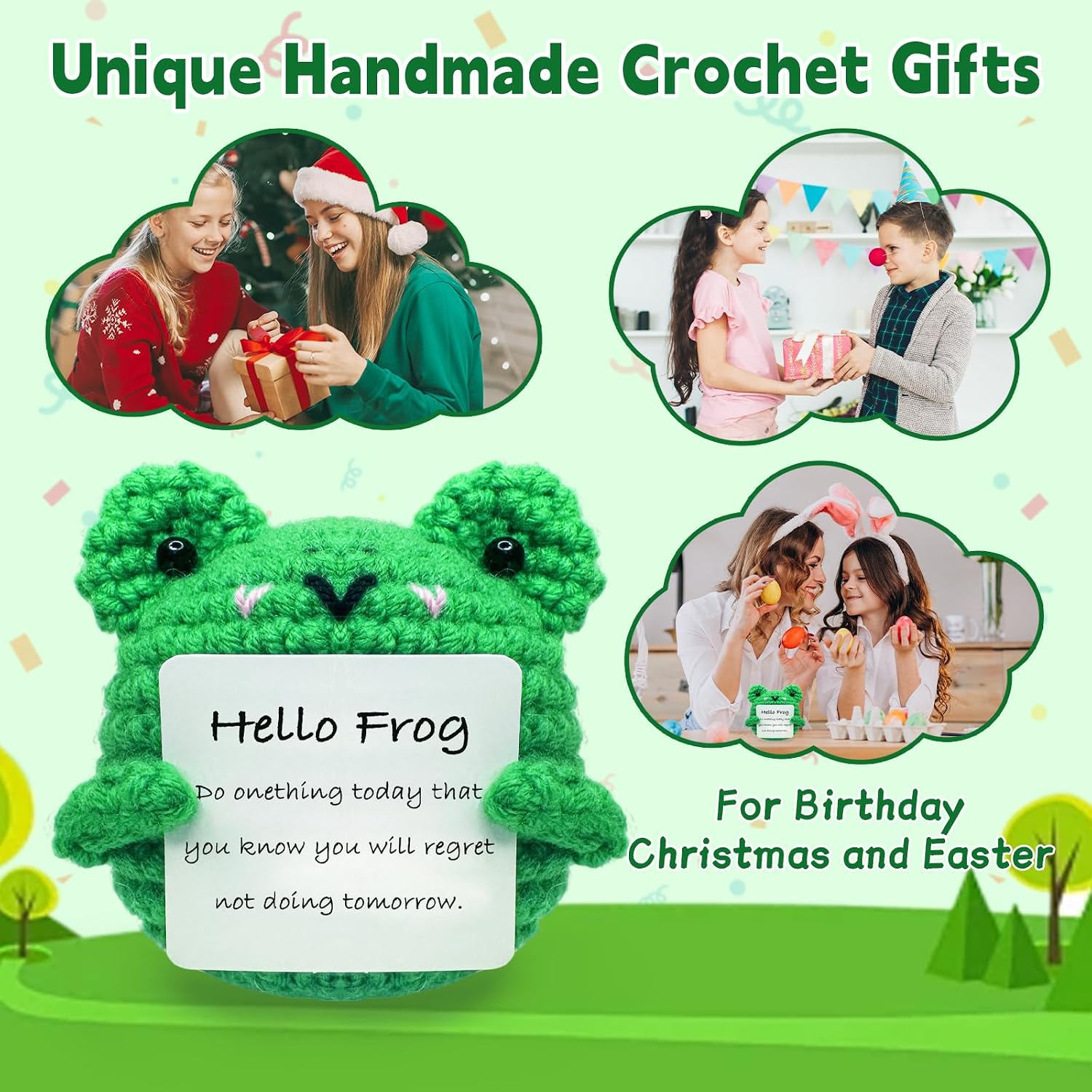 Positive Crochet Frog, Positive Crochet Animals, Emotional Support Crochet, Encouragement Gifts for Women Men Friends Coworkers, Small Gifts for Guys Self Care Christmas Birthday, Desk Home Decor