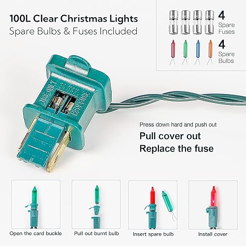 Miniatura 7 de Luces de Navidad transparentes, alambre verde, 100 unidades, 23 pies, bombilla incandescente, mini tira de luces para interiores, árbol de Navidad,