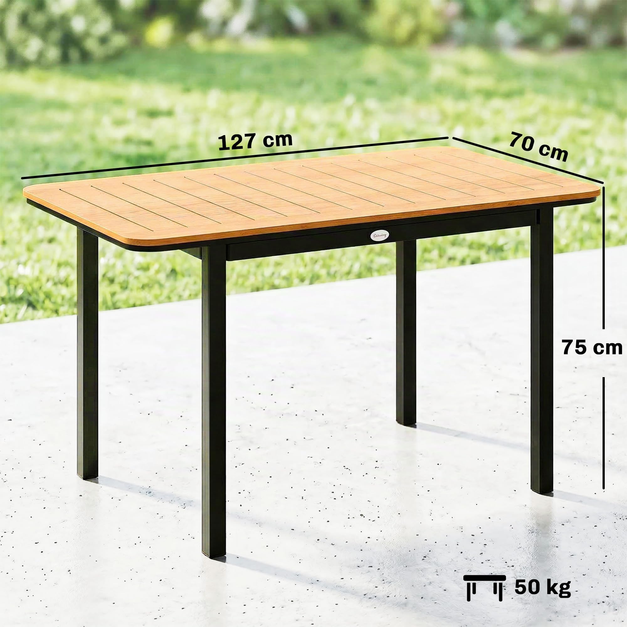 Outsunny Tavolo da Giardino per 6 Persone Composto Legno 127x70cm Marrone | Tavolo esterno rettangolare, telaio metallico, piano a doghe, arredo terrazza, per balcone e patio