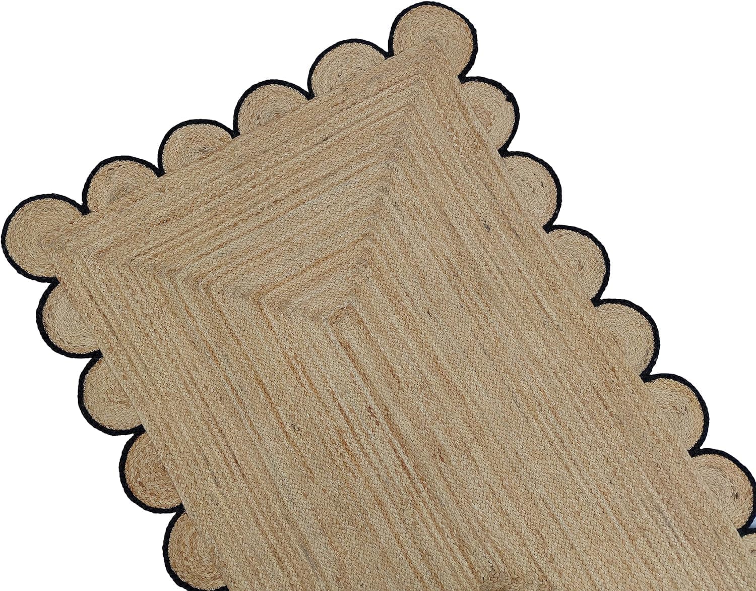 2"x3" Scalloped Natural Jute Area Rug - Braided 100% Jute Entryway Rug - Handcrafted Woven Design Area Rug - Neutral Reversible Rug for Kitchen Living Room Bedroom Farmhouse (Black Border)