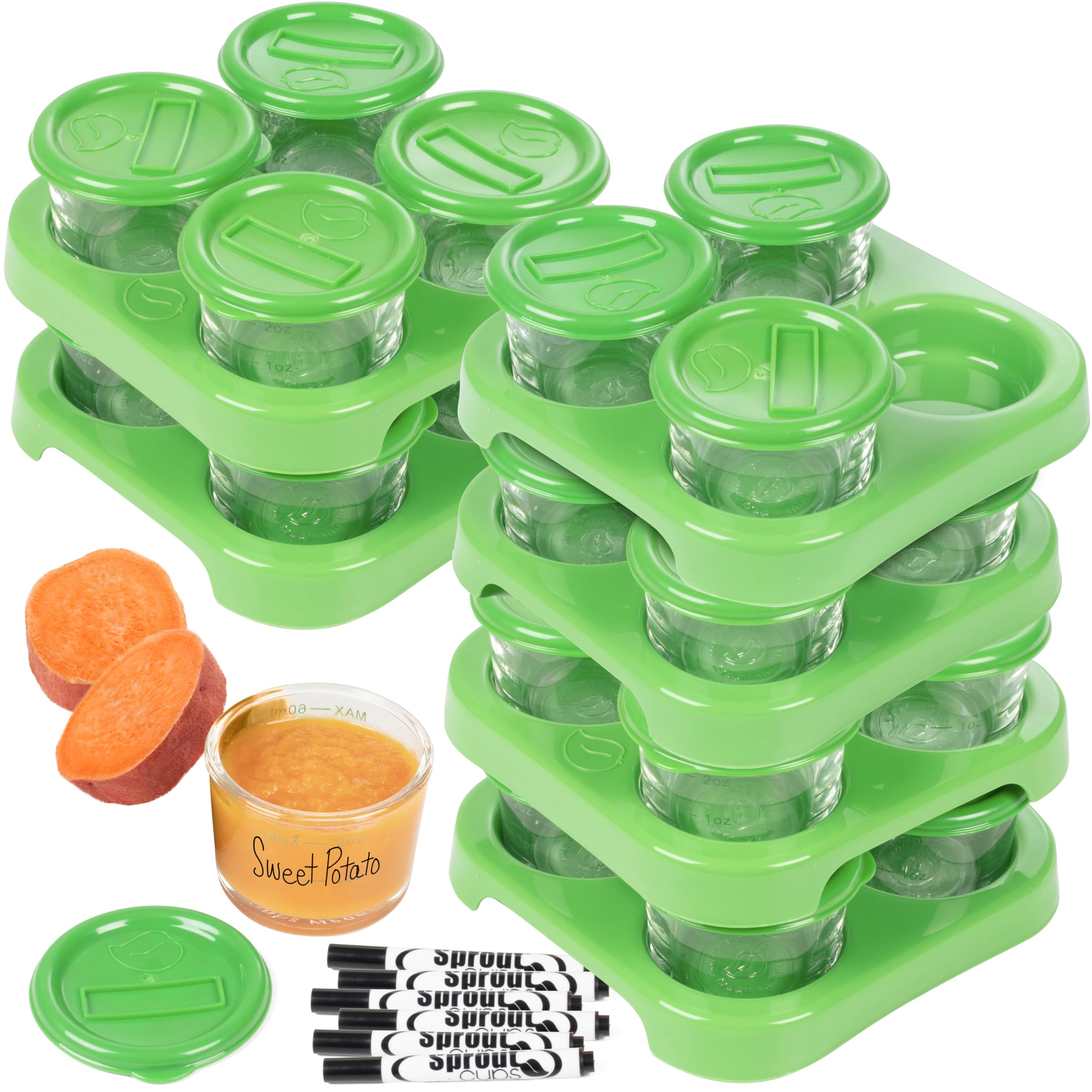 Glass Baby Food Containers (24 Pack) - 2oz Jar Container Includes Lids, Storage Tray, Dry-Erase Marker to Write On Lids - Microwave, Freezer, Dishwasher Safe - BPA & Phthalate Free Baby Food Storage